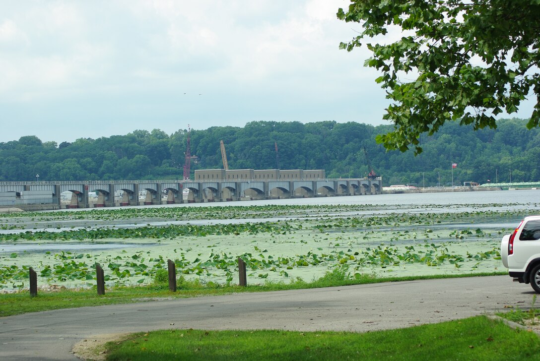 A view of Locks and Dam 14 on the Mississippi River from Fisherman's Corner North recreation area.