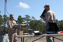 Cpl. Pedro J. Aldebol (left) and Sgt. Dustin T. Gill (right), Marines with Combat Logistics Group 6, 2nd Marine Logistics Group, prepare a Raven unmanned aerial vehicle during a pre-launch functions check aboard Camp Lejeune, N.C., March 26, 2013. The Marines volunteered to train with the system for an upcoming deployment. (U.S. Marine Corps photo by Lance Cpl. Shawn Valosin)