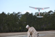 Pfc. John D. Duydos, a Marine with Combat Logistics Battalion 6, 2nd Marine Logistics Group, launches a Raven unmanned aerial vehicle aboard Camp Lejeune, N.C., March 26, 2013. Marines trained with the Raven system as they prepared for an upcoming deployment to Afghanistan.  (U.S. Marine Corps photo by Lance Cpl. Shawn Valosin)
