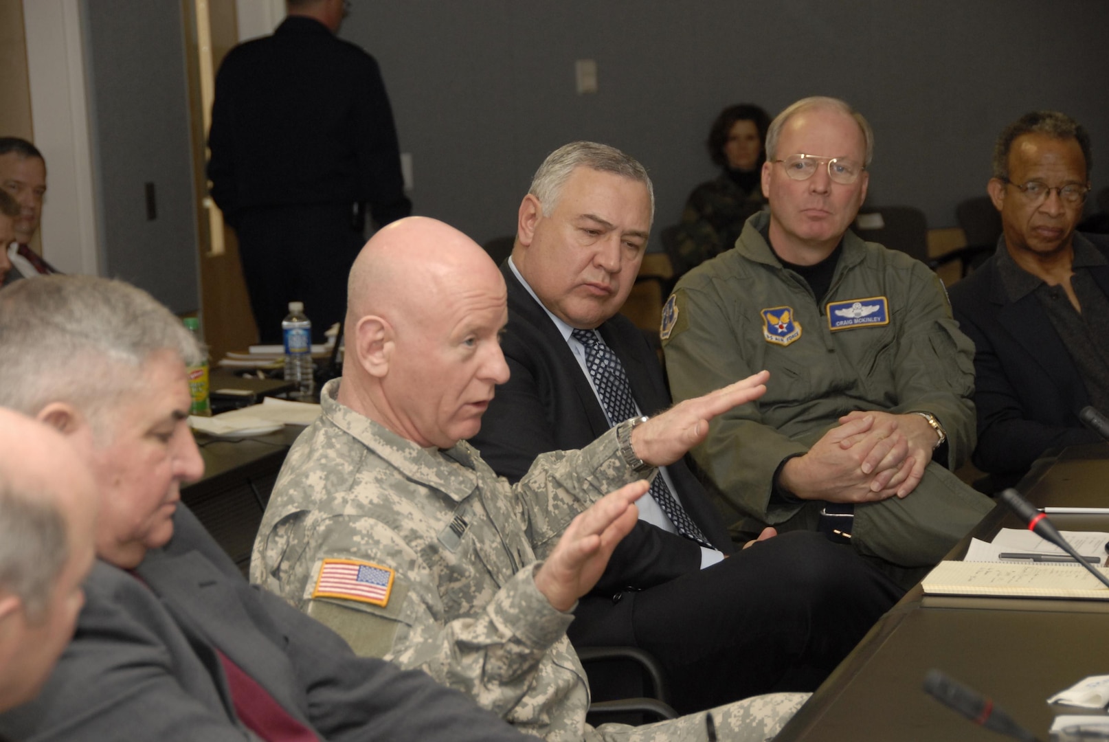 During the "Minuteman Heritage to Horizons" (MH2H) workshop held at the Air National Guard Readiness Center, Andrews AFB on February 23, 2007, LTG H Steven Blum, the Chief of the National Guard Bureau, discusses the Air National Guard's overall future with Lt Gen Craig McKinley, Vice Chief of the National Guard Bureau and Director of the Air National Guard.  Other important past Air Force and Air Guard Leadership were also present during this workshop, such as General (Ret. USAF) Ronald R. Fogleman, General (Ret. USAF) Charles F. "Chuck" Wald and Lt Gen (Ret.) Russell Davis on shown in this image.