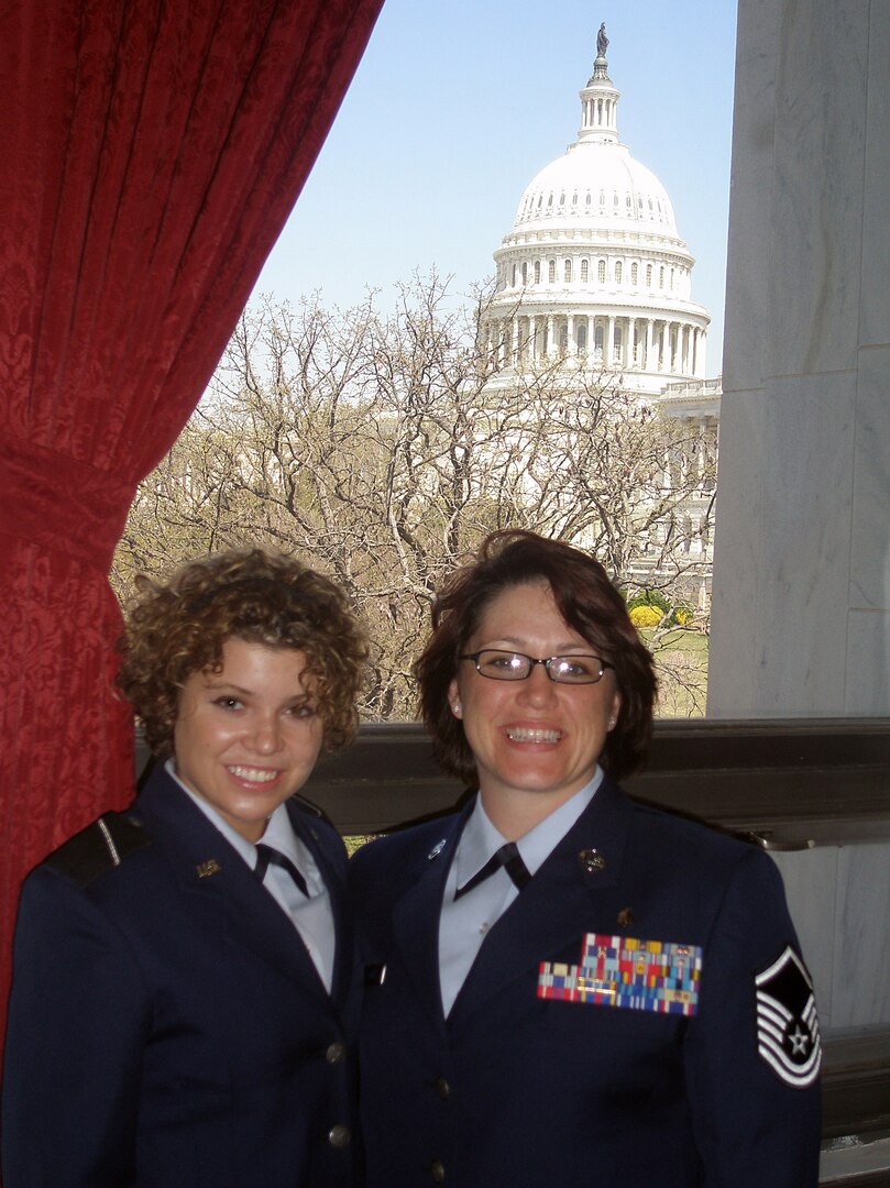 Master Sgt. Faith Elmore, right, from the Kansas Air National Guard, tours the Rayburn House Office Building, Washington, on April 3 with her daughter, Elmore, an Air Force ROTC cadet.