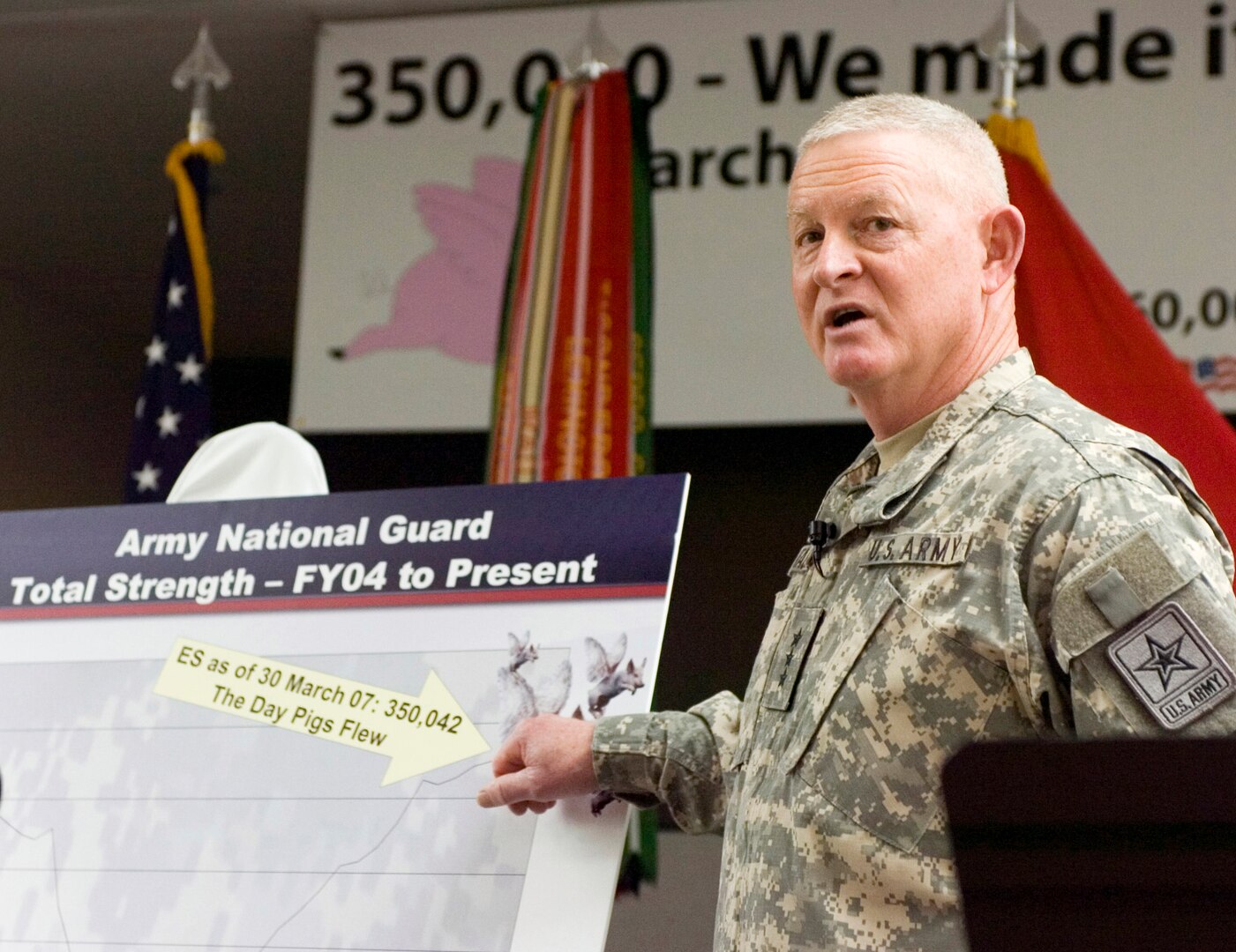Lt. Gen. Clyde Vaughn, director of the Army National Guard, told Citizen-Soldiers gathered at the Army National Guard Readiness Center in Arlington, Va., on April 18, 2007, that the Army National Guard had reached its congressionally authorized end strength of 350,000 on March 30, six months earlier than projected. The general predicted 356,000 by the end of the year if current recruiting programs remain in place.