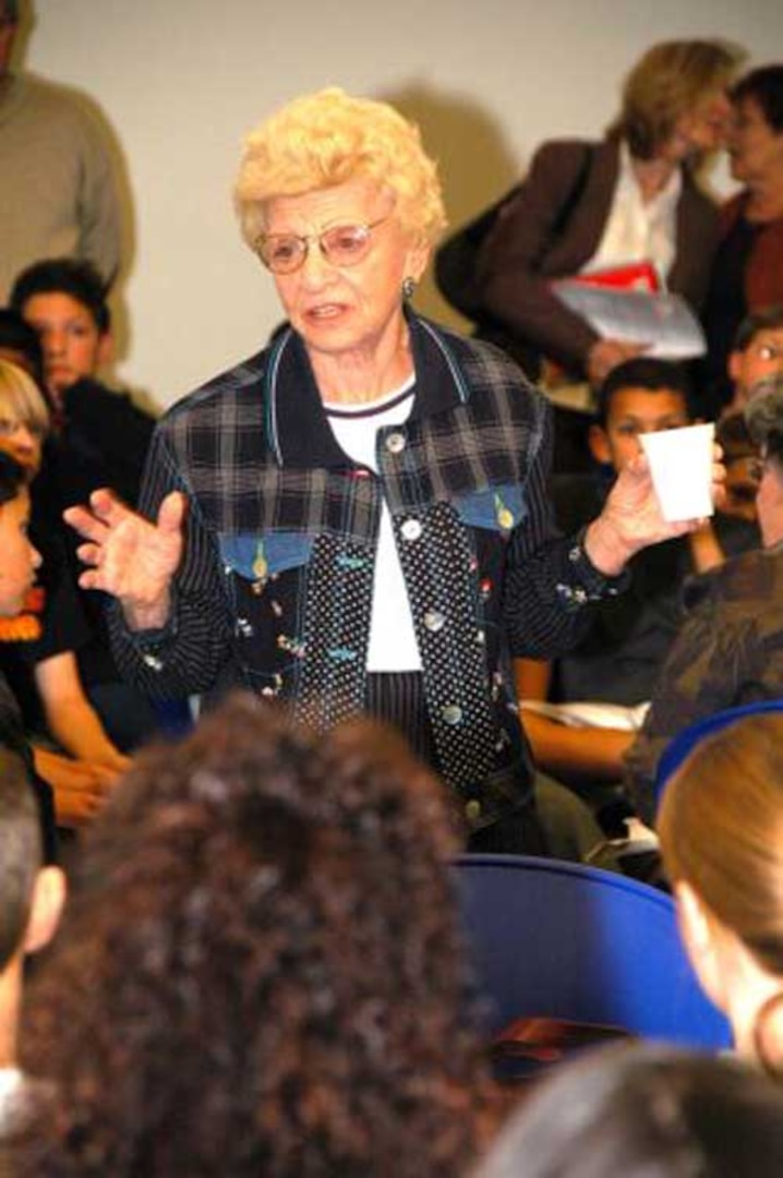 Holocaust survivor Jane Lipski tells her personal story to middle school students during "The Holocaust Remembrance Days" event held at the 162nd Fighter Wing in Tucson, AZ.
