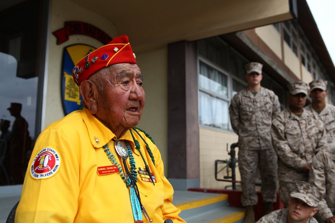 Samuel Tsosie, a retired Marine who served as a Navajo Code Talker during World War II, speaks to Marines serving with 2nd Battalion, 5th Marine Regiment, here at Camp San Mateo, March 27, 2013. Tsosie served with 2nd Bn., 5th Marines, in multiple battles including Peleliu, Okainawa, and Cape Gloucester. Tsosie was able to see weapons and equipment currently used by Marines, while visiting his old stomping grounds.


