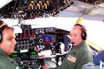 Col. James McCormack and Col. Jeffery Glass prepare for takeoff during their first duo commander mission July 26 at Tinker Air Force Base, Okla. Colonel McCormack is the 137th Airlift Wing commander, and Colonel Glass is the 507th Air Refueling Wing commander. Colonel McCormack's Air National Guard wing is slated to stand up as a KC-135 Stratotanker associate wing affiliated with Colonel Glass's Air Force Reserve Command wing in late 2007. The merger is the first time an Air National Guard wing has associated to an Air Force Reserve wing.