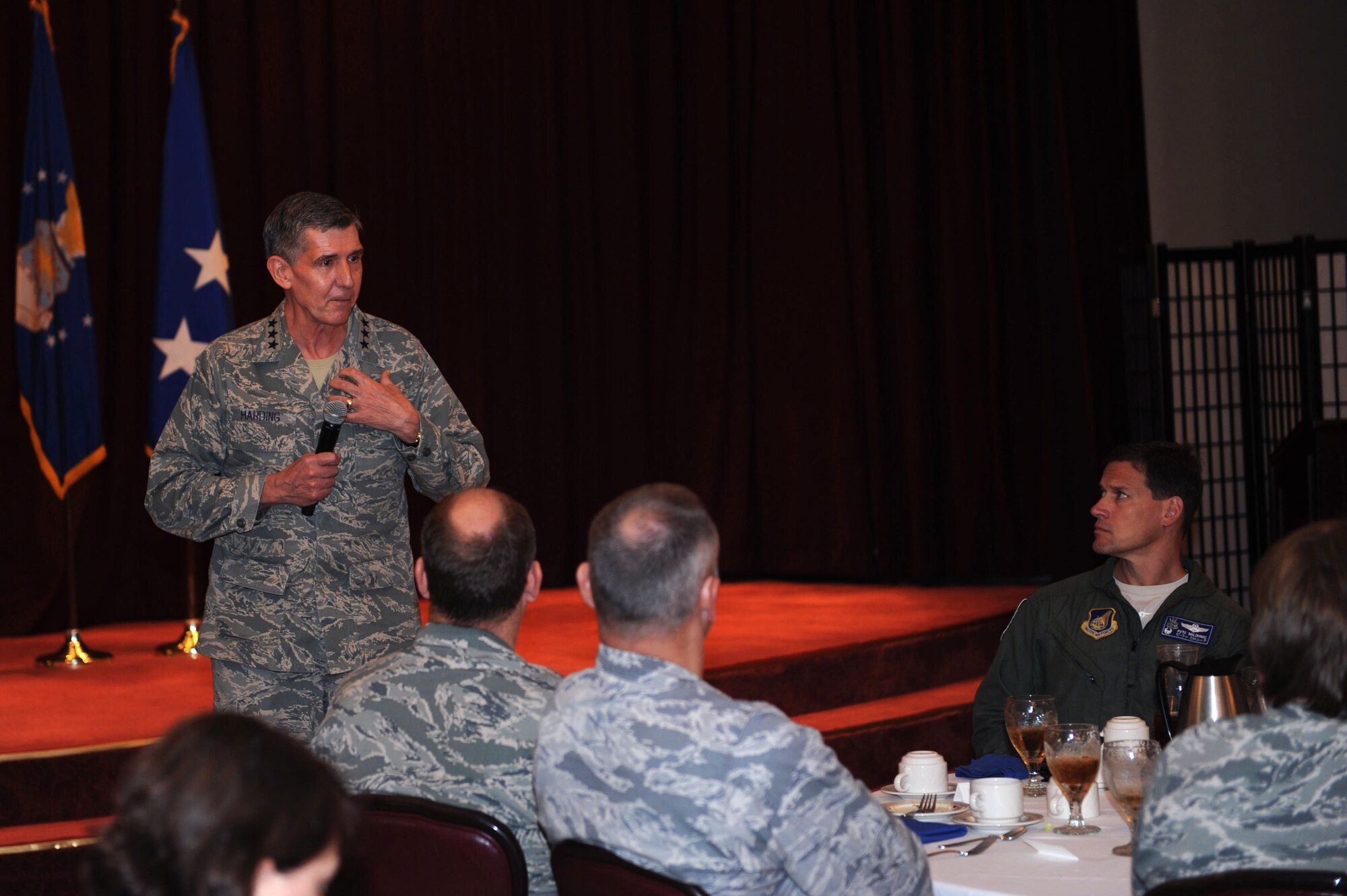 U.S. Air Force Lt. Gen. Richard Harding, The Judge Advocate General (TJAG), speaks to commanders and first sergeants at a leadership luncheon during a visit to Kadena Air Base, Japan, March 29, 2013. Harding spoke about the importance of sexual assault prevention and how the legal corps is providing counsel to victims during prosecution. (U.S. Air Force photo/Airman 1st Class Hailey R. Davis)