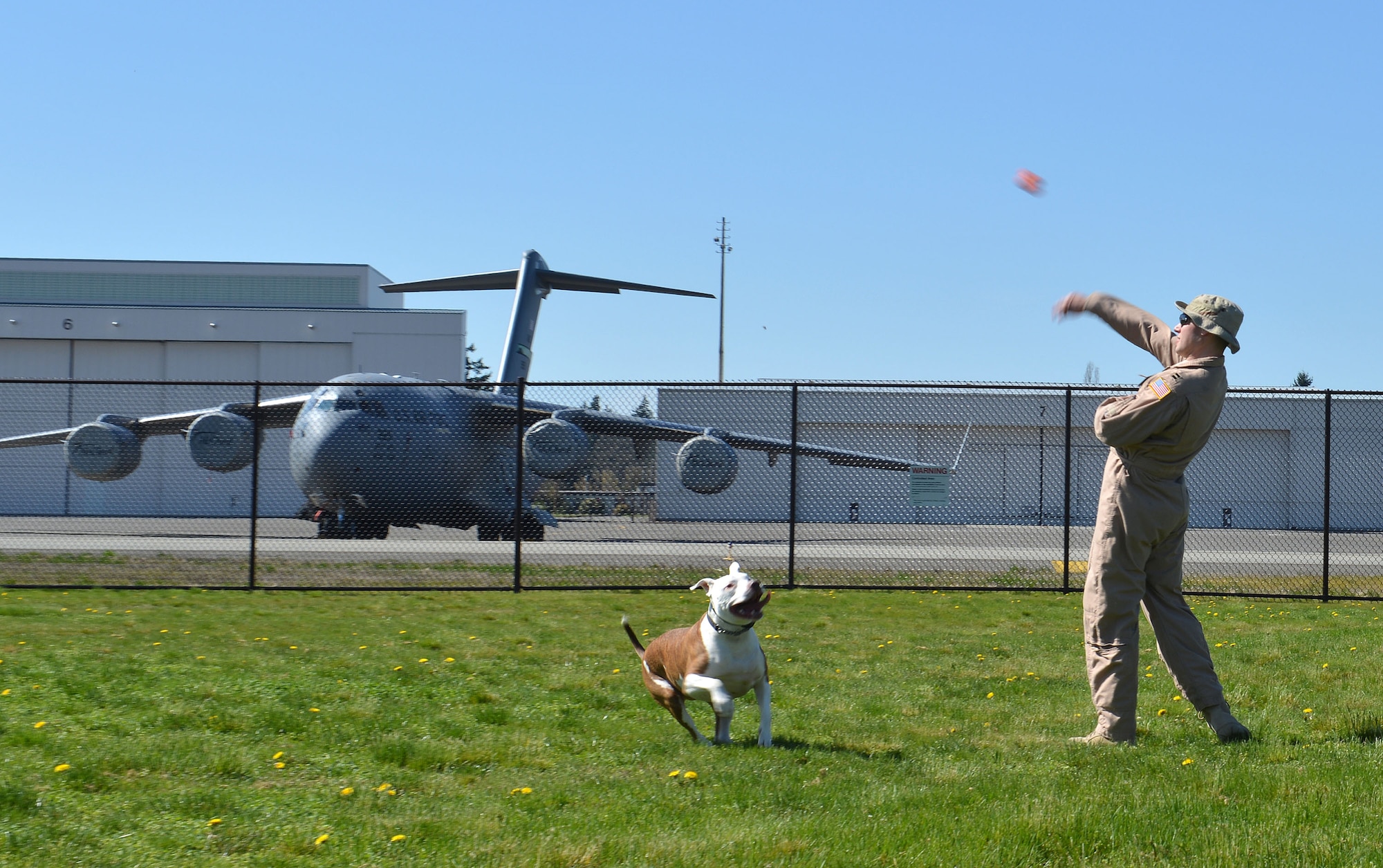Capt. Jonathan Bowe, 4th Airlift Squadron pilot, plays one last game of fetch with his dog, before heading out for a 60-day deployment in support of Operation Enduring Freedom, March 31, 2013, at Joint Base Lewis-McChord, Wash. The deployed Airmen will take over operations of the 817th Expeditionary Airlift Squadron. (U.S. Air Force photo/Airman 1st Class Jacob Jimenez) 