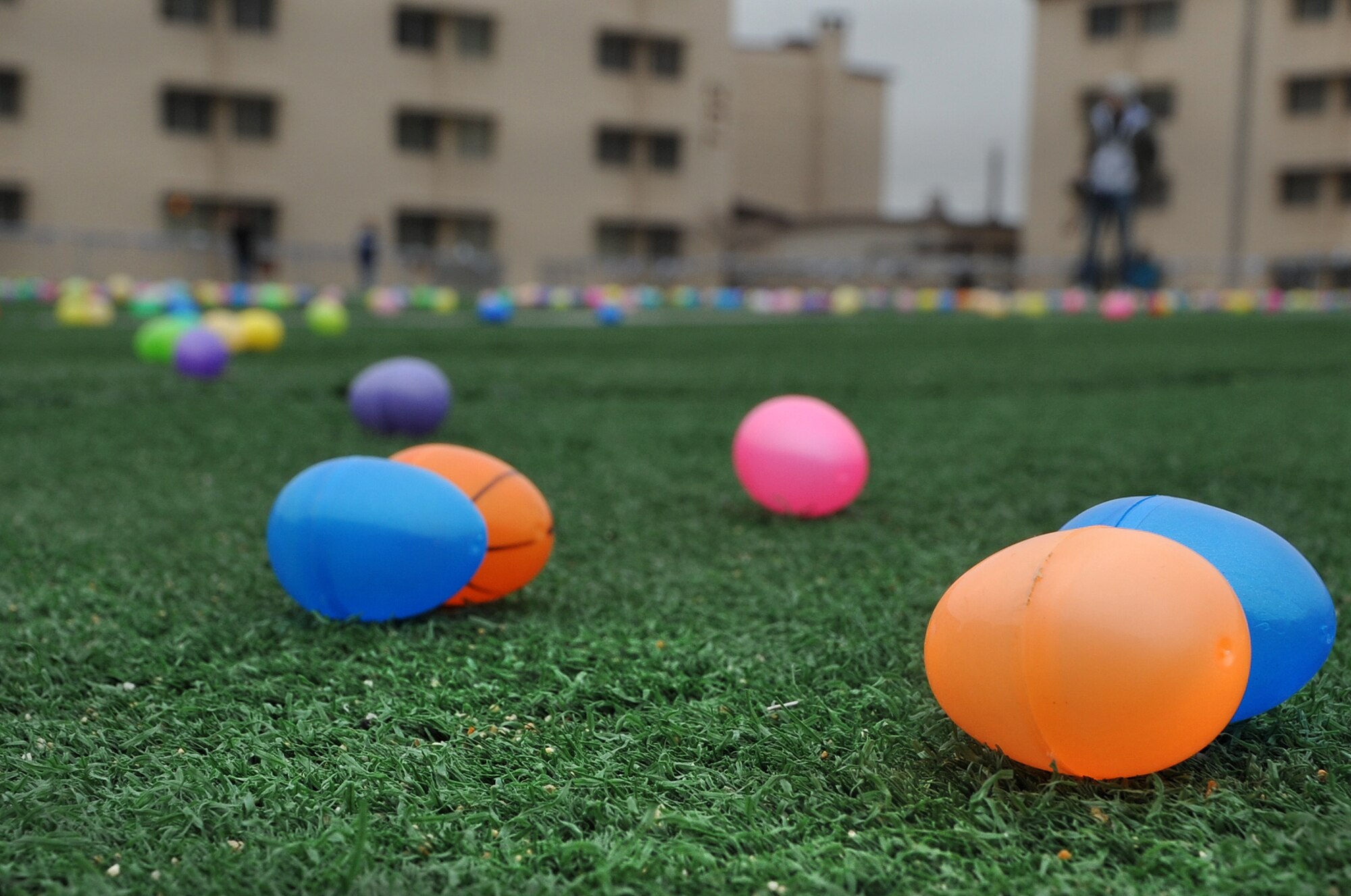 Thousands of eggs lay across the Osan High School football field prior to the base Easter Egg Hunt March 30, 2013 on Osan Air Base, Republic of Korea. The 51st Force Support Squadron hosts the event annually, trading the children’s plastic Easter Eggs in for prizes and candy. (U.S. Air Force photo/Senior Airman Kristina Overton)