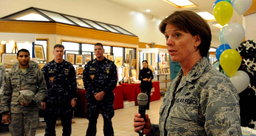 U.S. Air Force Col. Cheryl Minto, 35th Maintenance Group commander, speaks during the Sexual Assault Awareness Month campaign opening ceremony in The Exchange foyer at Misawa Air Base, Japan, April 1, 2013. The base has dedicated this month to the observation of sexual assault cases. (U. S. Air Force photo by Airman 1st Class Kenna Jackson)