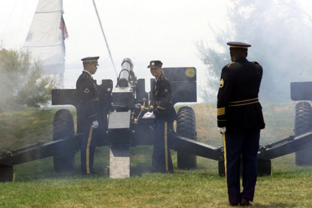 The Army has transferred back to the state of Virginia the most historic areas of Fort Monroe, including Freedom's Fortress. Pictured here, guns firing in Continental Park at Fort Monroe, Va. (U.S. Army courtesy photo/Released)