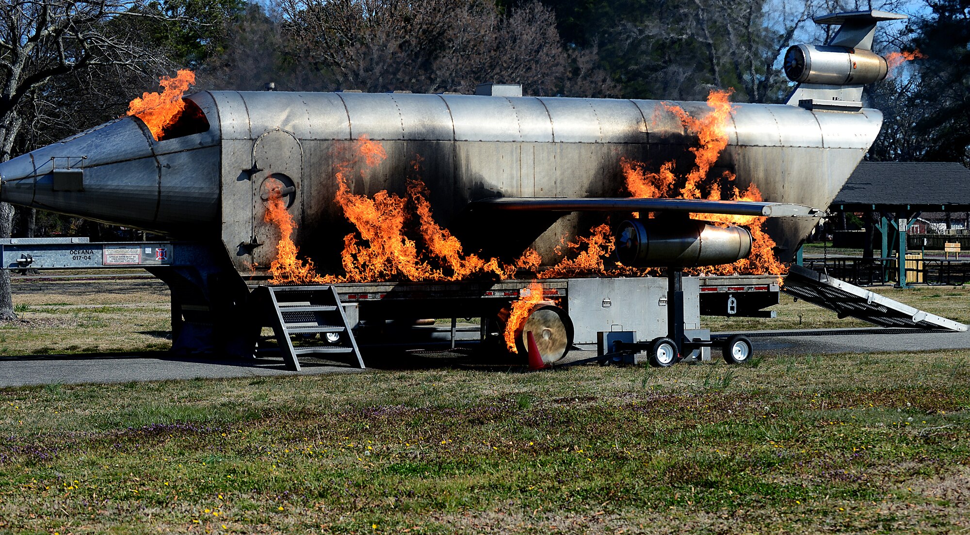 Langley Air Force Base, Va., and the city of Hampton participate in a simulated F-22 Raptor crash at Hampton’s Gosnold Hope Park, March 28, 2013.  The exercise was designed to help first responders from the city of Hampton and Langley Air Force Base work more effectively together in the event of a real world emergency. (U.S. Air Force photo by Senior Airman Kayla Newman/Released)