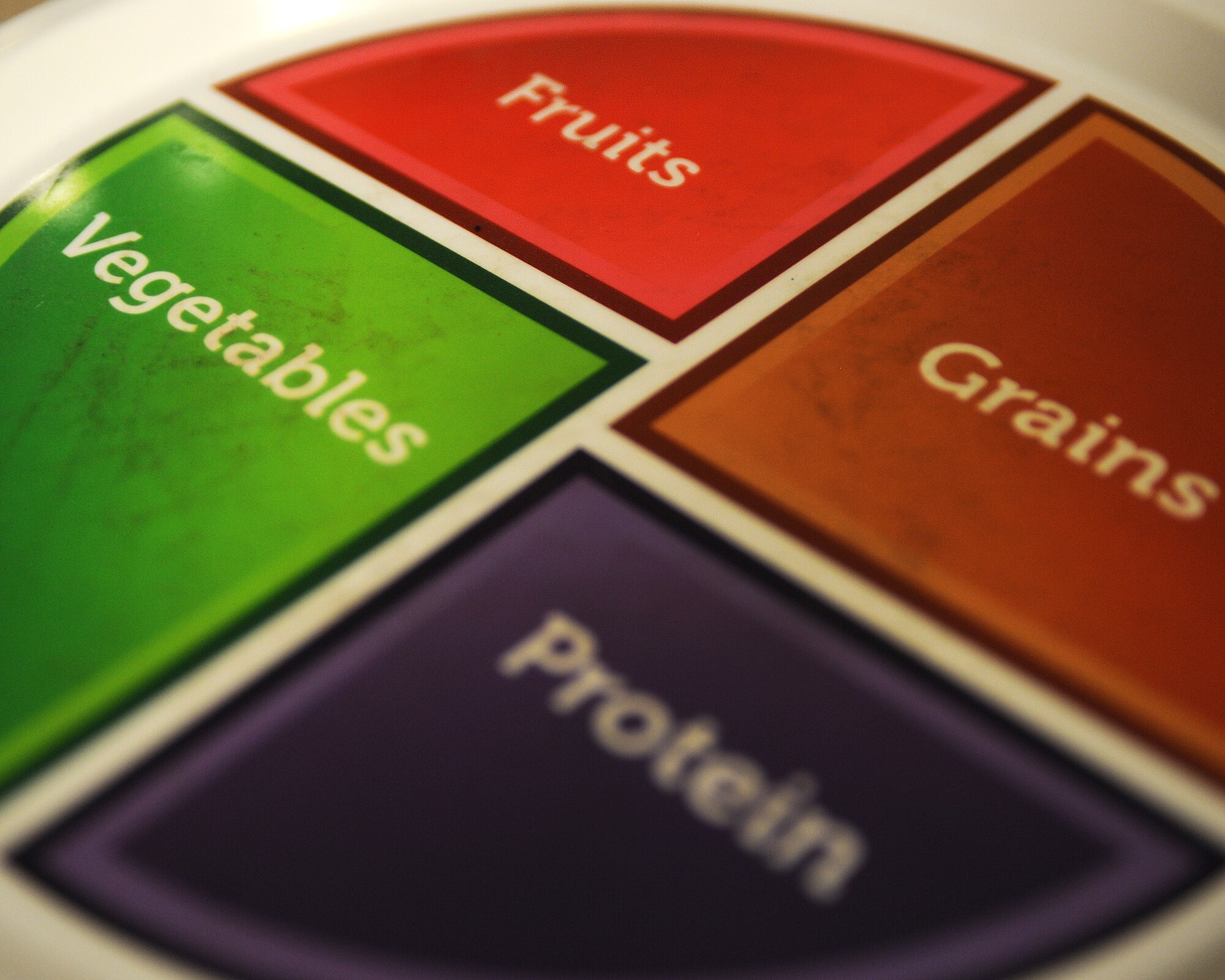 A plate depicting what a healthy meal should look like sits at the “20 Ways to Eat More Fruits and Vegetables” seminar at Cannon Air Force Base, N.M. March 28, 2013. The class was held to educate people on the dangers of eating primarily processed food and ways to incorporate more fruits and vegetables into their busy lives. (U.S. Air Force photo/Airman 1st Class Ericka Engblom)