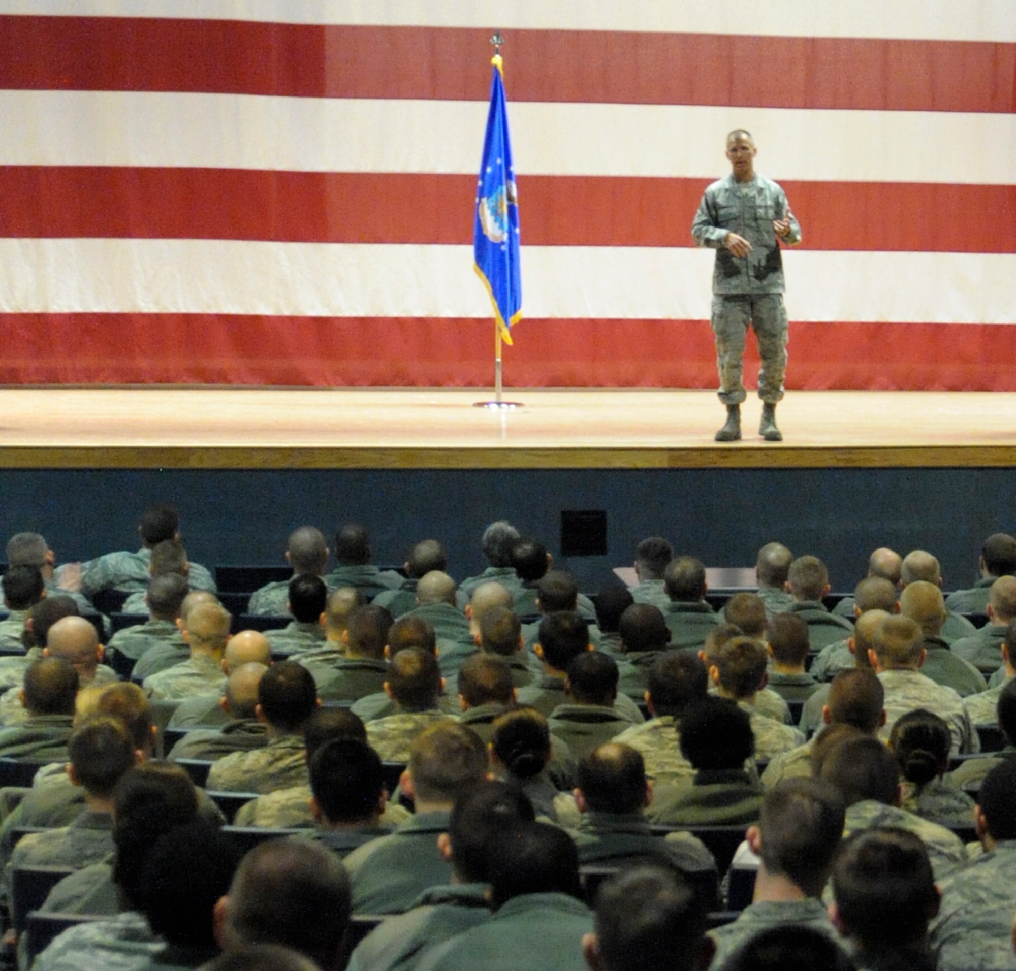 Chief Master Sgt. Steve McDonald,  Pacific Air Forces command chief master sergeant, speaks to Icemen at the base theater March 21, 2013, Eielson Air Force Base, Alaska. McDonald encouraged the Icemen to voice their concerns regarding Air Force issues.  (U.S. Air Force Photo/Airman 1st Class Peter Reft)