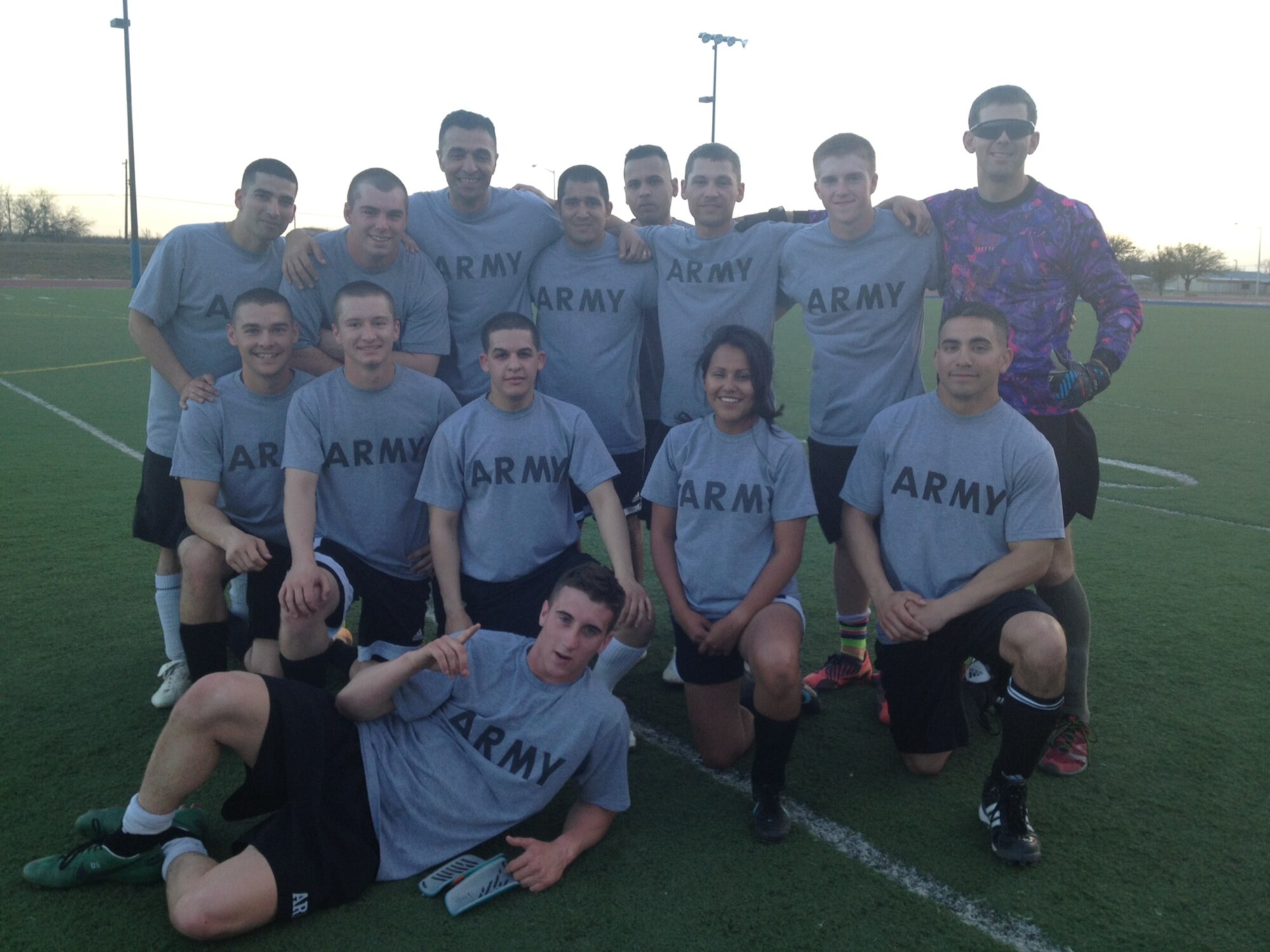 GOODFELLOW AIR FORCE BASE, Texas – Army 344th Military Intelligence Battalion soccer team poses for a team photo March 21 at the Mathis Fitness Center football field here. The Army soccer team defeated the Marine detachment soccer team, 2-0, and won the 2013 base soccer championship for the second time in a row. (Courtesy photo) 

