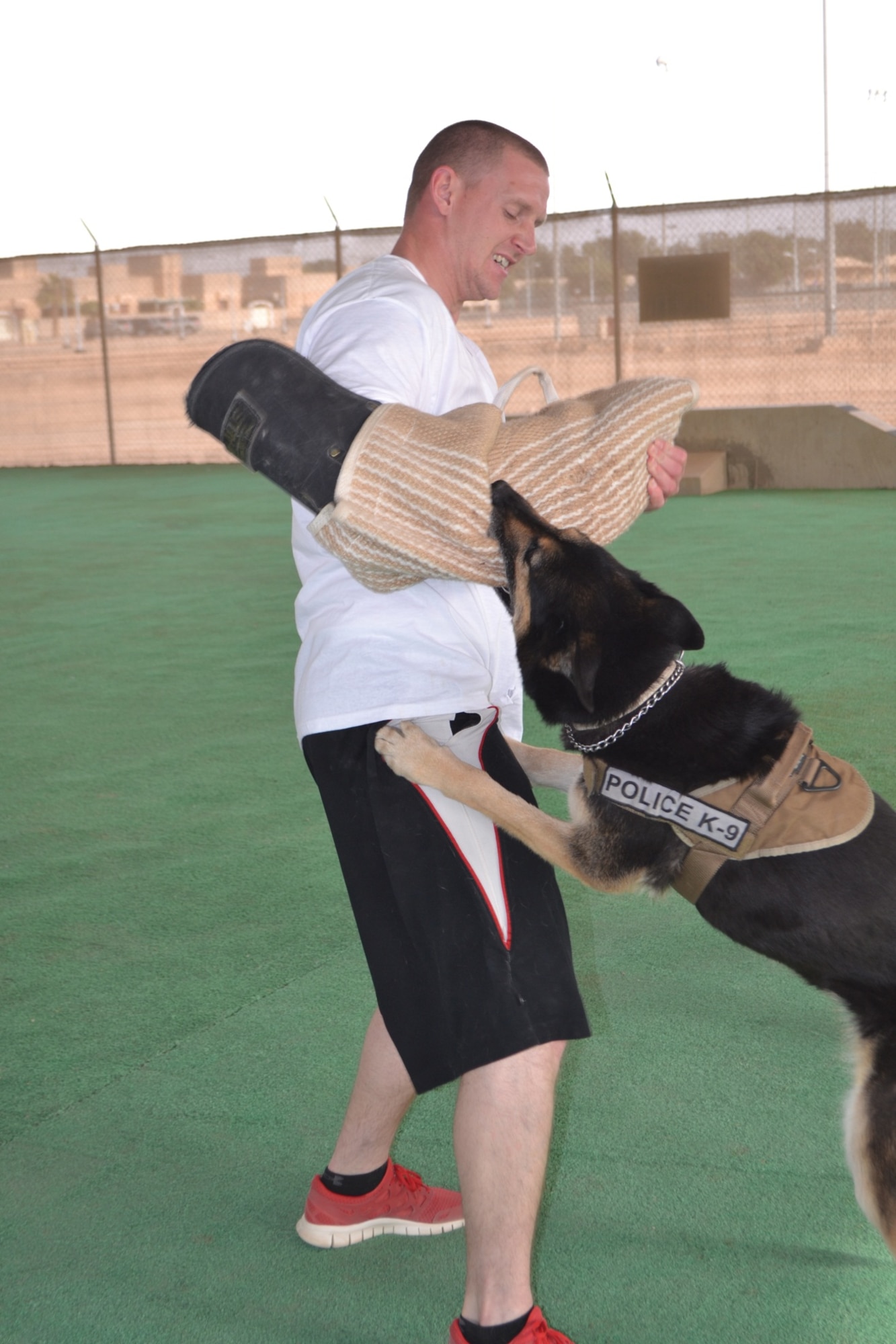 Staff Sgt. Philip Mason, 64th Expeditionary Security Forces Squadron, trains with Charlie. Charlie is a military working dog currently serving on his seventh deployment. (U.S. Air Force photo/Staff Sgt. Cynthia Brockes)