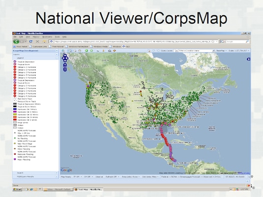 CorpsMap National View depicting a hurricane track and NOAA AHPS forecast points, from the USACE Geospatial Work Efforts presentation.