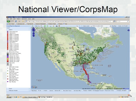 CorpsMap National View depicting a hurricane track and NOAA AHPS forecast points, from the USACE Geospatial Work Efforts presentation.