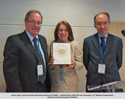 Left to right: Louis Van Schel (Secretary General of PIANC), Jo-Ellen Darcy (ASA-CW and Chairman, U.S. National Commission), Geoffroy Caude (President of PIANC) 