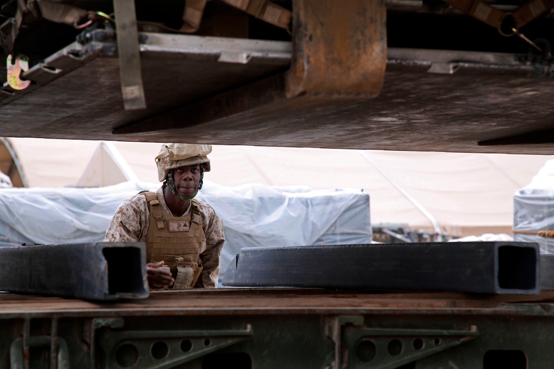 U.S. Marine Lance Cpl. Jimmy L. Youngblood Jr. guides a forklift loading equipment onto a transport truck bound for the air terminal operations center on Camp Leatherneck, in Afghanistan's Helmand province, March 26, 2013. Youngblood, a motor transportation operator, is assigned to Retrograde and Redeployment in support of the Reset and Reconstitution Operational Group.