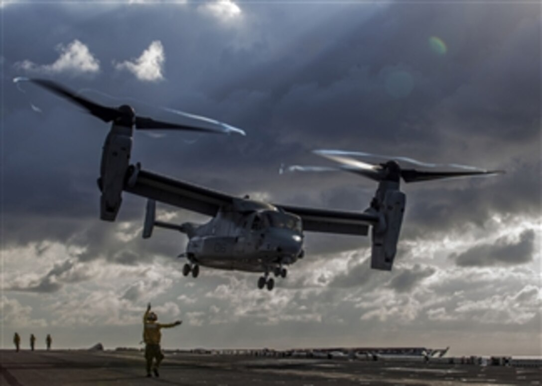 A U.S. Marine Corps MV-22B Osprey takes off from the flight deck of the USS Kearsarge (LHD 3) during flight operations on March 20, 2013.  The Kearsarge and the embarked 26th Marine Expeditionary Unit are deployed in support of maritime security operations and theater security cooperation efforts in the U.S. 6th Fleet area of responsibility.  The Osprey is assigned to Marine Medium Tiltrotor Squadron 266.  