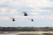CH-53E Super Stallions from Marine Heavy Helicopter Squadron 464 depart the flight line aboard Marine Corps Auxiliary Landing Field Bogue, March 21. Squadrons from Marine Aircraft Group 29 participated in Exercise Carolina Thunder, March 18-22. 
