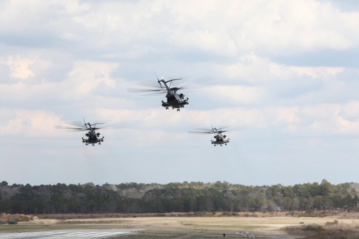 CH-53E Super Stallions from Marine Heavy Helicopter Squadron 464 depart the flight line aboard Marine Corps Auxiliary Landing Field Bogue, March 21. Squadrons from Marine Aircraft Group 29 participated in Exercise Carolina Thunder, March 18-22. 

