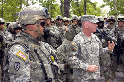 LTG H Steven Blum, the chief of the National Guard Bureau, meets with members of 1st Battalion, 158th Cavalry of the Maryland Army National Guard and other National Guard troops, who are about to deploy to the warfight overseas during a visit to Fort Dix, N.J., on Aug. 16. During his trip, Blum also visited Boston, where he said, "The quality of the Guard is better than it's ever been at any time in the history of the Guard."