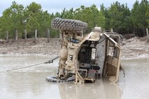 A Mine Resistant Ambush Protected vehicle, or M-ATV, sits on its side during the Vehicle Recovery Course aboard Camp Lejeune, N.C., March 25, 2013. Marines from 2nd Maintenance Battalion, Combat Logistics Regiment 25, 2nd Marine Logistics Group, completed a four week course to receive the military occupational specialty of 3536, vehicle recovery operator.