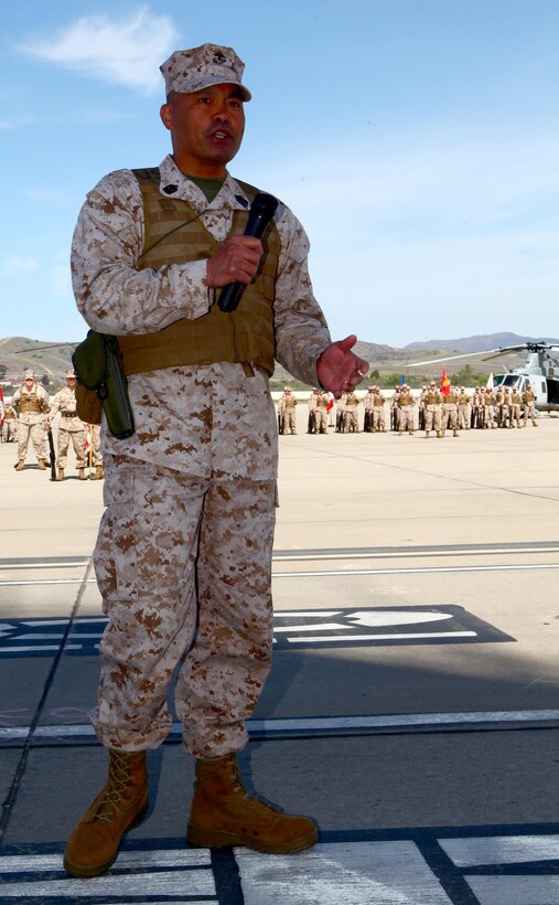 Sgt. Maj. Rodolfo Sarino, the group sergeant major for Marine Aircraft Group 39 and an Anchorage, Alaska, native, speaks after taking office as the newest group sergeant major during a post and relief ceremony aboard Marine Corps Air Station Camp Pendleton, Calif., March 28. Sarino assured Marines and commanders he would do his best to care for the Marines of the command while beginning the newest leg of his journey in the Marine Corps.