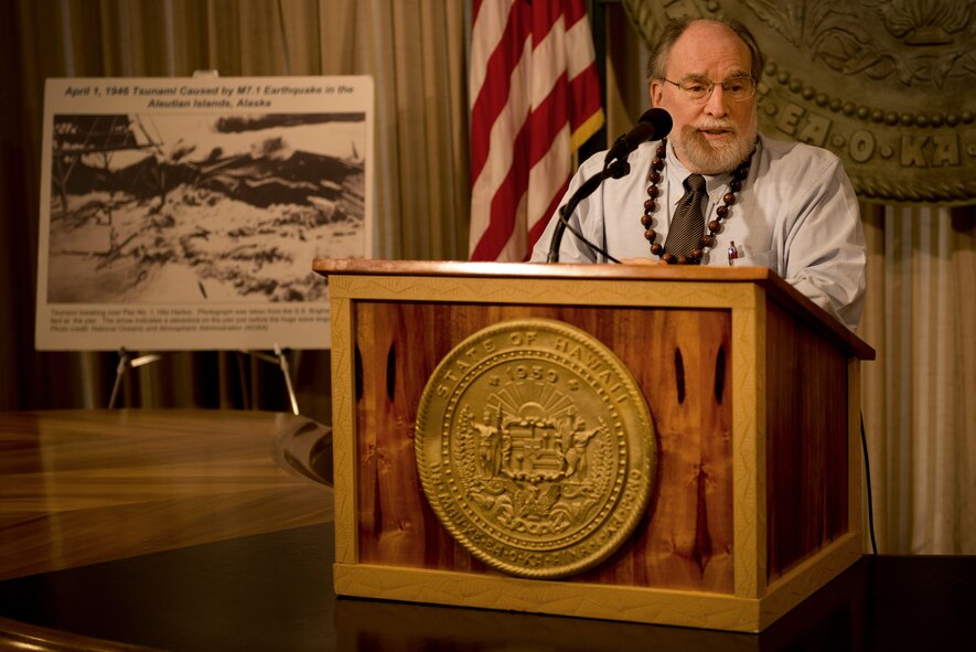 Hawaii Gov. Neil Abercrombie proclaims April as Tsunami Awareness Month at the state capitol building  April 1, 2013. The Hawaii State Civil Defense, the mayor of the city and county of Honolulu, Department of Emergency Management and National Oceanographic and Atmospheric Administration's National Weather Service and representatives from the Department of Defense all took part in the proclamation which emphasizes the importance of tsunami awareness and preparedness for residents and visitors of Hawaii. (U.S. Air Force photo/Staff Sgt. Mike Meares)