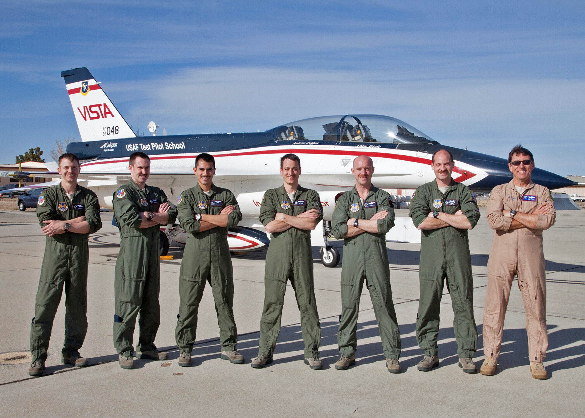 The HAVE POSIT II test team from left to right: Maj. Brent Ritzke, Capt. Benjamin Karlow, Capt. Juan Jurado, Capt. Michael Pacini, Maj. James Hayes III, Capt. Joshua Hall and Bill Gray. (U.S. Air Force Photo by Christian Turner)