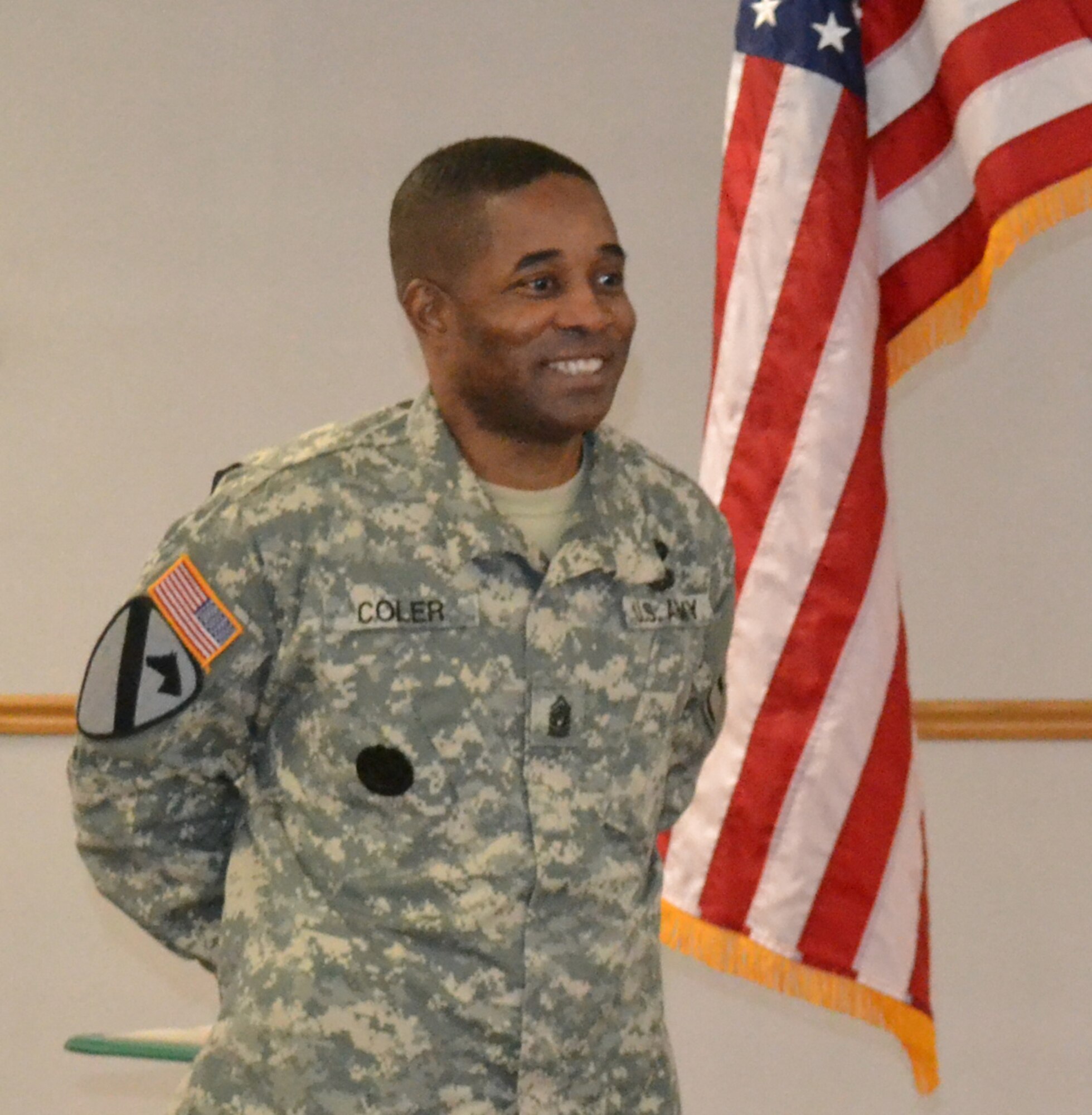 Command Sgt. Maj. Calvin J. Coler, 174th Infantry Brigade command sergeant major, gave the keynote address at the Dix NCO Academy Warrior Leader Course Class 13-006 graduation at Joint Base McGuire-Dix-Lakehurst, N.J., March 22, 2013. Coler has spent 28 years in the Army and has earned numerous academic degrees. (U.S. Army courtesy photo/Released)