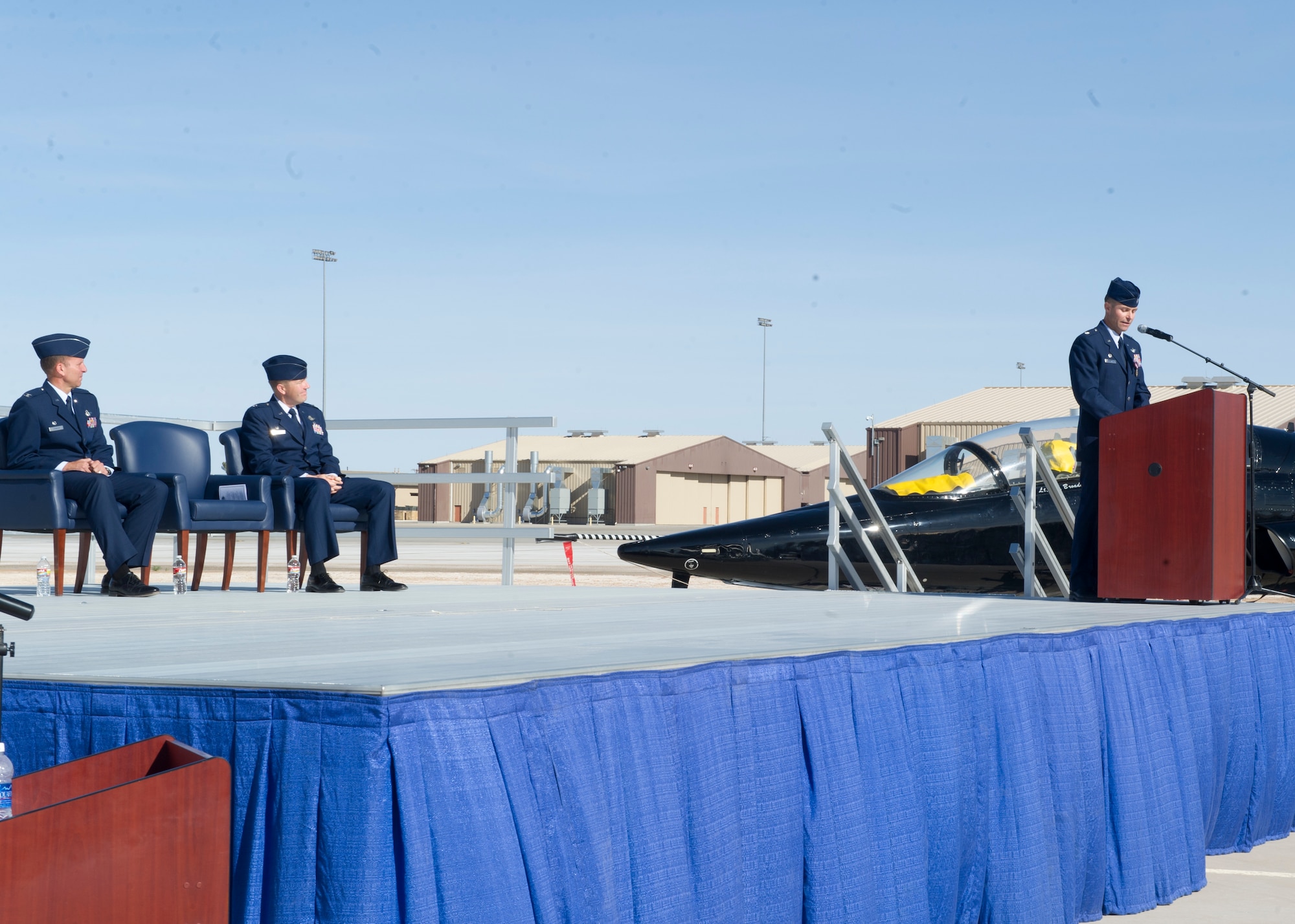 Lt. Col Larry Broadwell, 7th Fighter Squadron commander, addresses the crowd at the 7th FS change of command ceremony at Holloman Air Force Base, N.M., April 1. Broadwell, who has been in command since October 2011, spoke about the pride and honor he felt to lead the 7th FS. Broadwell’s next assignment will be as the executive officer to the Air Combat Command commander. (U.S. Air Force photo by Senior Airman DeAndre Curtiss/Released) 