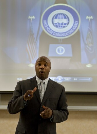 Chief Master Sgt. Sammy Ester, White House Communications Agency Air Force senior enlisted advisor, describes the agency's mission during the WHCA recruiting brief March 26, 2013, at Nellis Air Force Base, Nev. WHCA is a one-of-a-kind military unit dedicated to provide premier, worldwide communication support to the President and his staff. (U.S. Air Force photo by Senior Airman Matthew Lancaster)