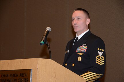 Master Chief Petty Officer of the Navy Michael Stevens spoke with service members of the year from various Navy, Marine Corps and Coast Guard commands throughout the Joint Base Charleston area, and guests during a Charleston Council of the Navy League sponsored-recognition dinner held at the North Charleston-Airport Embassy Suites Hotel and Convention Center, March 28, 2013. The MCPON toured various commands during his Joint Base Charleston visit.. (U.S. Navy photo/ Petty Officer 1st Class Chad Hallford)