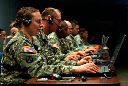 Soldiers train on the Virtual Battle Space 2 computer training simulator at Fort Eustis, Va., March 11, 2013. VBS2 is a fully interactive training system that provides a virtual environment suitable for a wide range of military training. (U.S. Air Force photo by Airman 1st Class R. Alex Durbin/Released)
