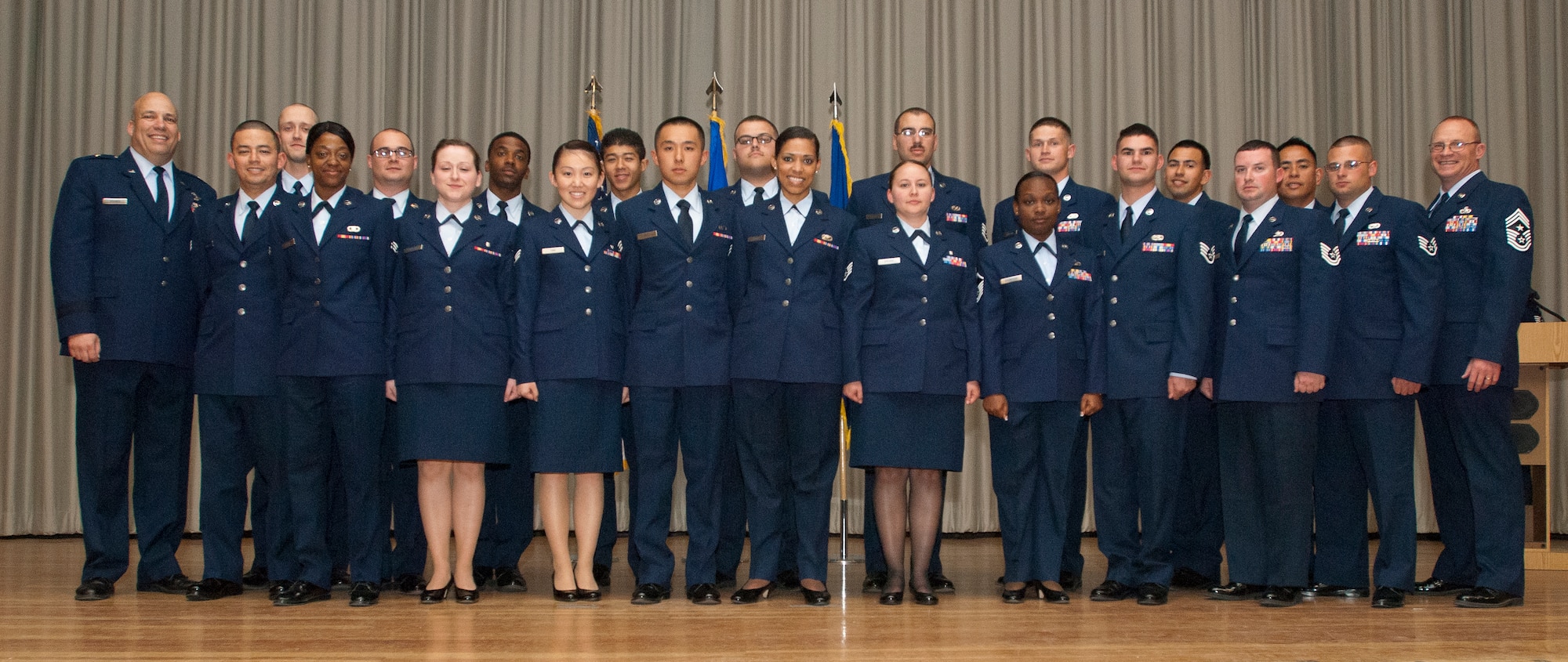 Team Edwards saw 28 of its enlisted Airmen promoted to the next rank March 29 during the monthly promotion ceremony at the Base Theater. (U.S. Air Force photo by Ethan Wagner)
