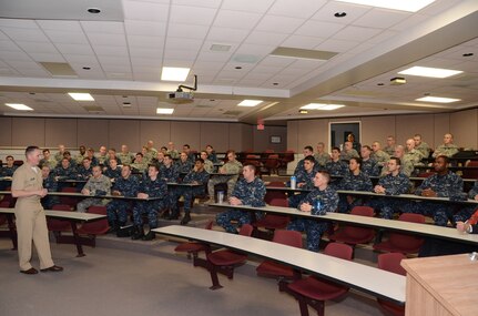 Master Chief Petty Officer of the Navy Michael Stevens meets with Naval Reserve Officer Training Corps Unit Navy and Marine Corps midshipmen and officer candidates at The Citadel, March 28, 2013. The MCPON visited various commands throughout Joint Base Charleston, including his stop at The Citadel discussing leadership and “Zeroing in on Excellence” at each command. (U.S. Navy photo/ Petty Officer 1st Class Chad Hallford)