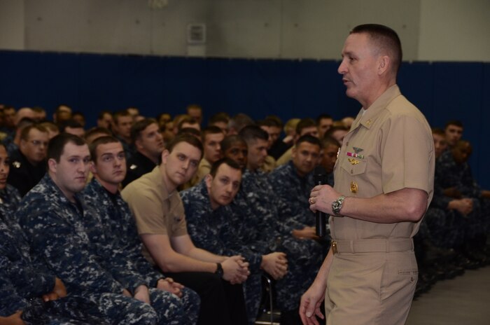Master Chief Petty Officer of the Navy Michael Stevens discusses CPO 365 during an all-hands call March 28, 2013, at the Bowman Center at the Naval Nuclear Power Training Command at JB Charleston – Weapons Station, S.C. The MCPON visited several commands at JB Charleston. (U.S. Navy photo/ Petty Officer 1st Class Chad Hallford)