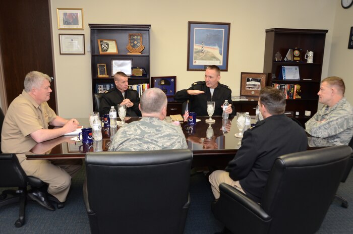 Master Chief Petty Officer of the Navy Michael Stevens (third from right) visits Joint Base Charleston leadership during an office call, March 28, 2013, at Joint Base Charleston - Air Base, S.C. Afterwards, Stevens visited several commands on JB Charleston – Weapons Station and held two all-hands calls for enlisted Sailors. (U.S. Navy photo/Petty Officer 1st Class Chad Hallford)