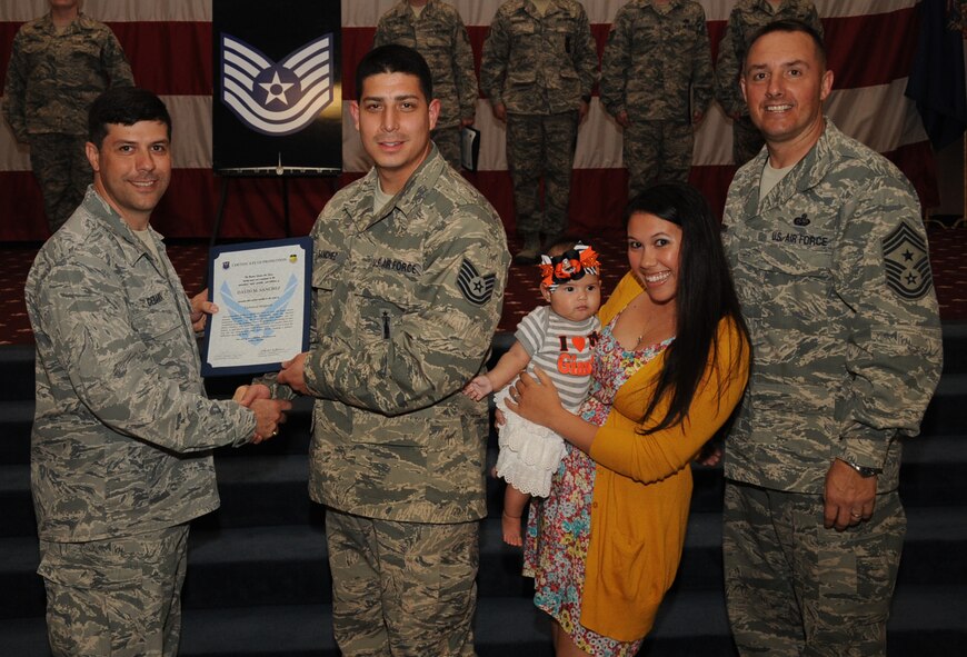 Staff Sgt. David Sanchez, 2nd Munitions Squadron, receives a certificate of promotion to Tech. Sgt. from Col. Andrew Gebara, 2nd Bomb Wing commander, during the March Wing Promotion Ceremony on Barksdale Air Force Base, La., April 1, 2013. (U.S. Air Force photo/Senior Airman Sean Martin)