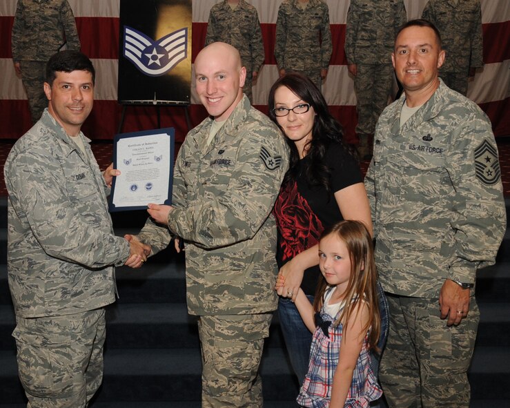 Senior Airman Colin Bates, 2nd Communications Squadron, receives a certificate of promotion to Staff Sgt. from Col. Andrew Gebara, 2nd Bomb Wing commander, during the March Wing Promotion Ceremony on Barksdale Air Force Base, La., April 1, 2013. (U.S. Air Force photo/Senior Airman Sean Martin)