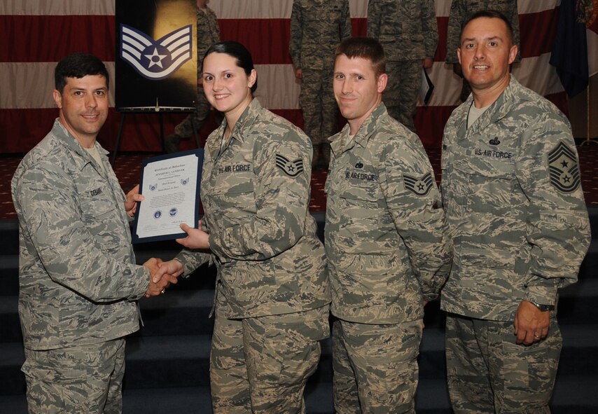 Senior Airman Jennifer Vandiver, 2nd Aircraft Maintenance Squadron, receives a certificate of promotion to Staff Sgt. from Col. Andrew Gebara, 2nd Bomb Wing commander, during the March Wing Promotion Ceremony on Barksdale Air Force Base, La., April 1, 2013. (U.S. Air Force photo/Senior Airman Sean Martin)