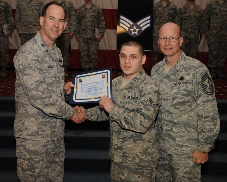 Airman 1st Class Eliot Lopez, 608th Air and Space Operations Center, receives a certificate of promotion to Senior Airman from Col. Russell Mathers, 8th Air Force chief of staff, during the March Wing Promotion Ceremony on Barksdale Air Force Base, La., April 1, 2013. (U.S. Air Force photo/Senior Airman Sean Martin)