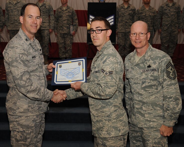 Airman 1st Class Anthony Bolton, 608th Air and Space Operations Center, receives a certificate of promotion to Senior Airman from Col. Russell Mathers, 8th Air Force chief of staff, during the March Wing Promotion Ceremony on Barksdale Air Force Base, La., April 1, 2013. (U.S. Air Force photo/Senior Airman Sean Martin)