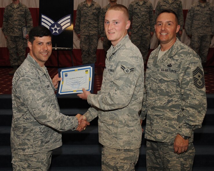 Airman 1st Class Evan Kirchner, 2nd Munitions Squadron, receives a certificate of promotion to Senior Airman from Col. Andrew Gebara, 2nd Bomb Wing commander, during the March Wing Promotion Ceremony on Barksdale Air Force Base, La., April 1, 2013. (U.S. Air Force photo/Senior Airman Sean Martin)