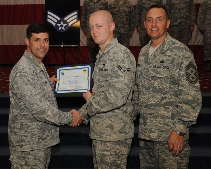 Airman 1st Class Cameron Neigh, 2nd Munitions Squadron, receives a certificate of promotion to Senior Airman from Col. Andrew Gebara, 2nd Bomb Wing commander, during the March Wing Promotion Ceremony on Barksdale Air Force Base, La., April 1, 2013. (U.S. Air Force photo/Senior Airman Sean Martin)