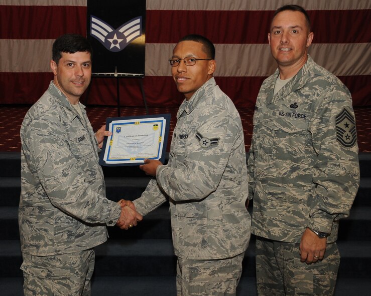 Airman 1st Class Pietrae Barton, 2nd Maintenance Squadron, receives a certificate of promotion to Senior Airman from Col. Andrew Gebara, 2nd Bomb Wing commander, during the March Wing Promotion Ceremony on Barksdale Air Force Base, La., April 1, 2013. (U.S. Air Force photo/Senior Airman Sean Martin)