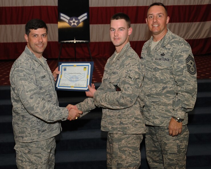 Airman Matthew Moran, 2nd Civil Engineer Squadron, receives a certificate of promotion to Airman 1st Class from Col. Andrew Gebara, 2nd Bomb Wing commander, during the March Wing Promotion Ceremony on Barksdale Air Force Base, La., April 1, 2013. (U.S. Air Force photo/Senior Airman Sean Martin)