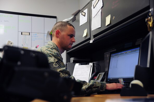 Tech. Sgt. Jeremy Sanford, 509th Security Forces Squadron NCOIC of supply, uses a spreadsheet to track inventory items at Whiteman Air Force Base, Mo., March 20, 2013. The spreadsheet tracks serial numbers, dollar value and quantity of equipment items in the supply warehouse. (U.S. Air Force photo by Staff Sgt. Nick Wilson/Released)